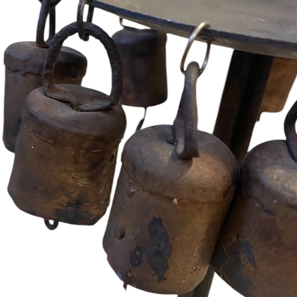 Vintage Rustic Handmade Folk Forged Metal Cowbells Candle Holder - Picture 7 of 11